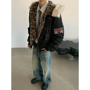 网图冬季黑色复古拼接豹纹鹿皮绒毛领连帽棉服外套m5036 p105图片