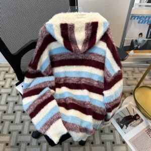高品复古条纹连帽毛衣男女冬季慵懒风撞色情侣针织衫my9811 p62图片