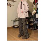 网图日系复古长袖条纹衬衫男女休闲痞帅长袖翻领打底衬衣cs52p32，男装T恤，星座204-3