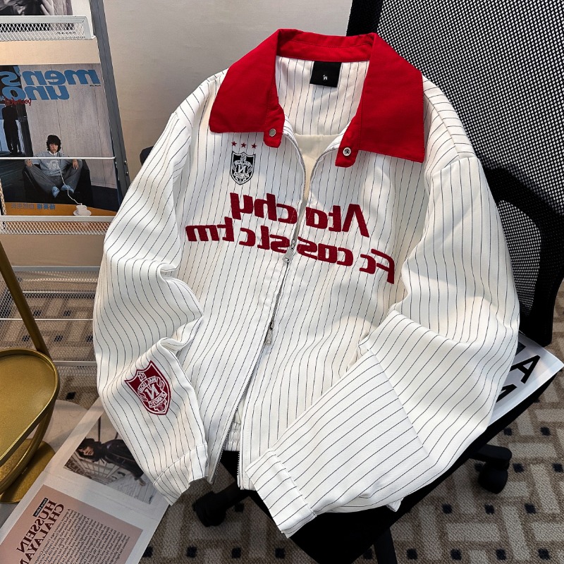 美式刺绣撞色翻领条纹夹克男秋季高街宽松飞行服外套jk8566p70，男装夹克，星座204-3