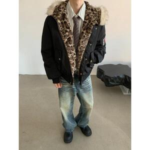 网图冬季黑色复古拼接豹纹鹿皮绒毛领连帽棉服外套m5036 p105图片