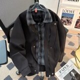 百搭时尚日系简约原宿格子领假两件慵懒文艺夹克jk1314p65，男装夹克，星座204-3