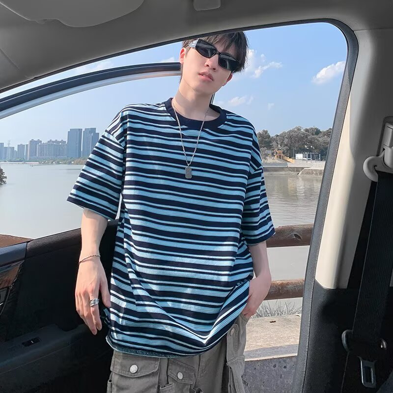撞色条纹短袖t恤男女夏季气质ins潮流日系流行短袖潮t223p38，男装T恤，星座204-3