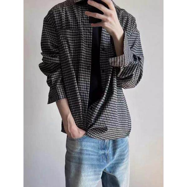 网图美式复古格子衬衫男春季潮牌宽松休闲长袖衬衣外套cs388p32，男装衬衫，星座204-3