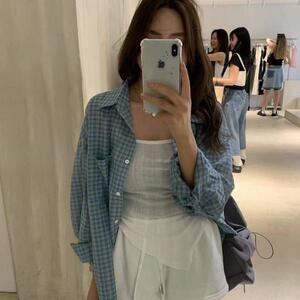网图复古格子防晒衬衫外套女春季慵懒风宽松长袖上衣cs10 p35图片
