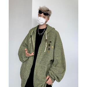 美式复古纽扣针织连帽外套男秋冬款潮牌宽松慵懒开衫my283 p55图片