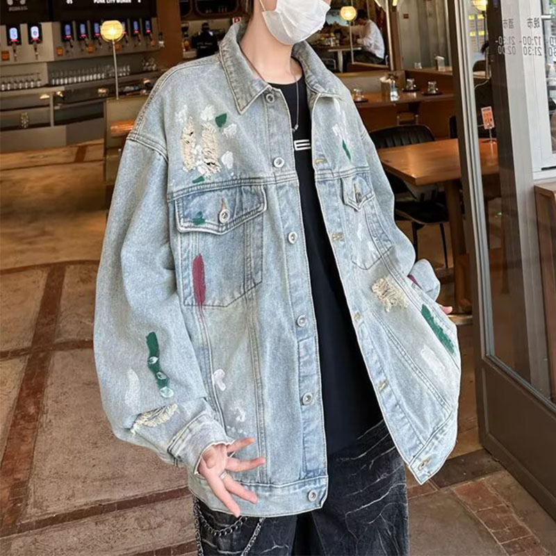 水洗涂鸦破洞牛仔外套男秋季潮牌高街宽松做旧翻领夹克jk8865p70，男装工装外套，星座204-3