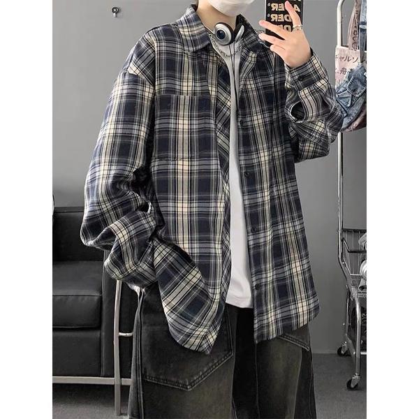 网图高品复古格子长袖衬衫男春季潮牌宽松休闲衬衣外套cs309p32,男装衬衫,星座204-3