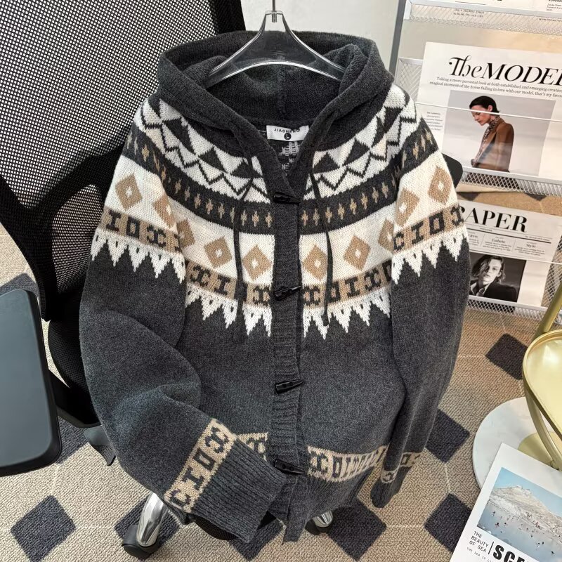 高品复古费尔岛提花连帽开衫牛角扣外套针织上衣原宿毛衣my72p60,男装针织衫/毛衣,星座204-3