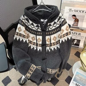 高品复古费尔岛提花连帽开衫牛角扣外套针织上衣原宿毛衣my72 p60图片