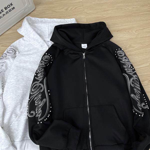 美式复古钉珠刺绣连帽卫衣男春季潮牌宽松休闲外套w10p45,女装短外套,星座204-3