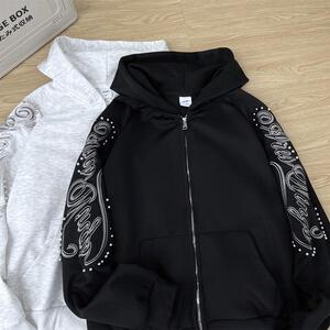美式复古钉珠刺绣连帽卫衣男春季潮牌宽松休闲外套w10 p45图片
