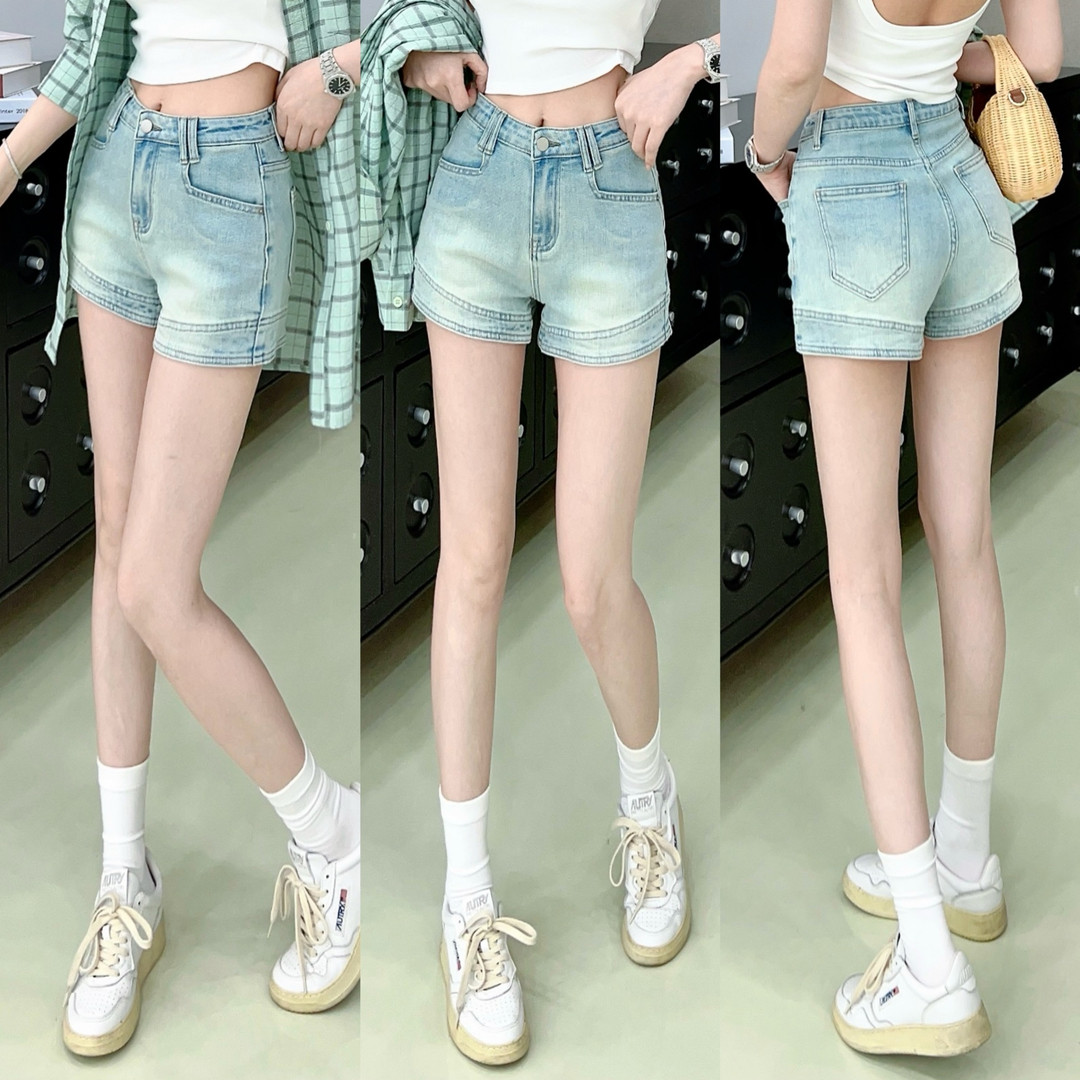 卡卡女装官方旗舰正品《怀旧浅蓝》宽松高腰裤 A版长腿牛仔短裤潮