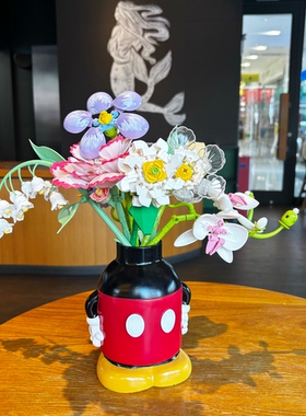 米奇花瓶积木玫瑰花瓶国产插花束配套老鼠手握粉黛花中号收纳摆件