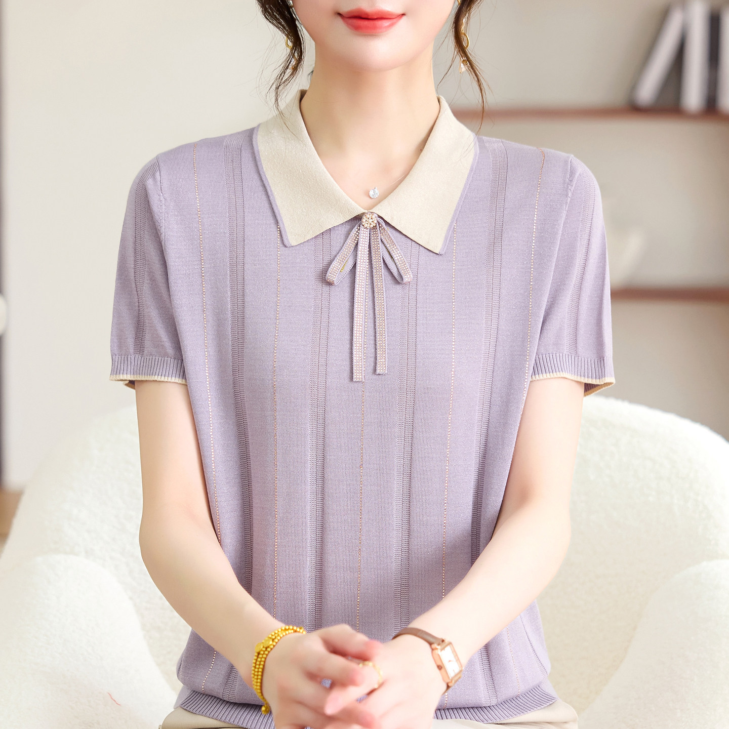 鄂尔多斯市妈妈款夏季短袖t恤冰丝翻领上衣2026新款中年女士夏装