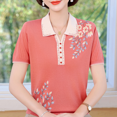 鄂尔多斯市妈妈夏装冰丝短袖T恤时尚翻领上衣中年女士桑蚕丝半袖