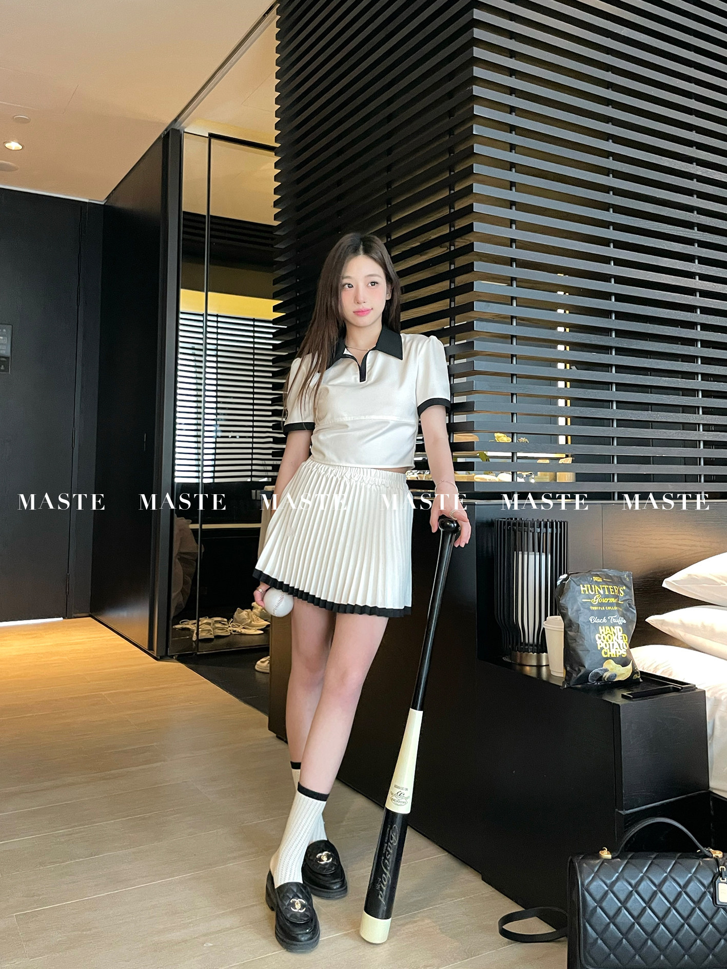 maste 偷心俱乐部 撞色设计感两件套 学院风polo上衣 百褶裙套组