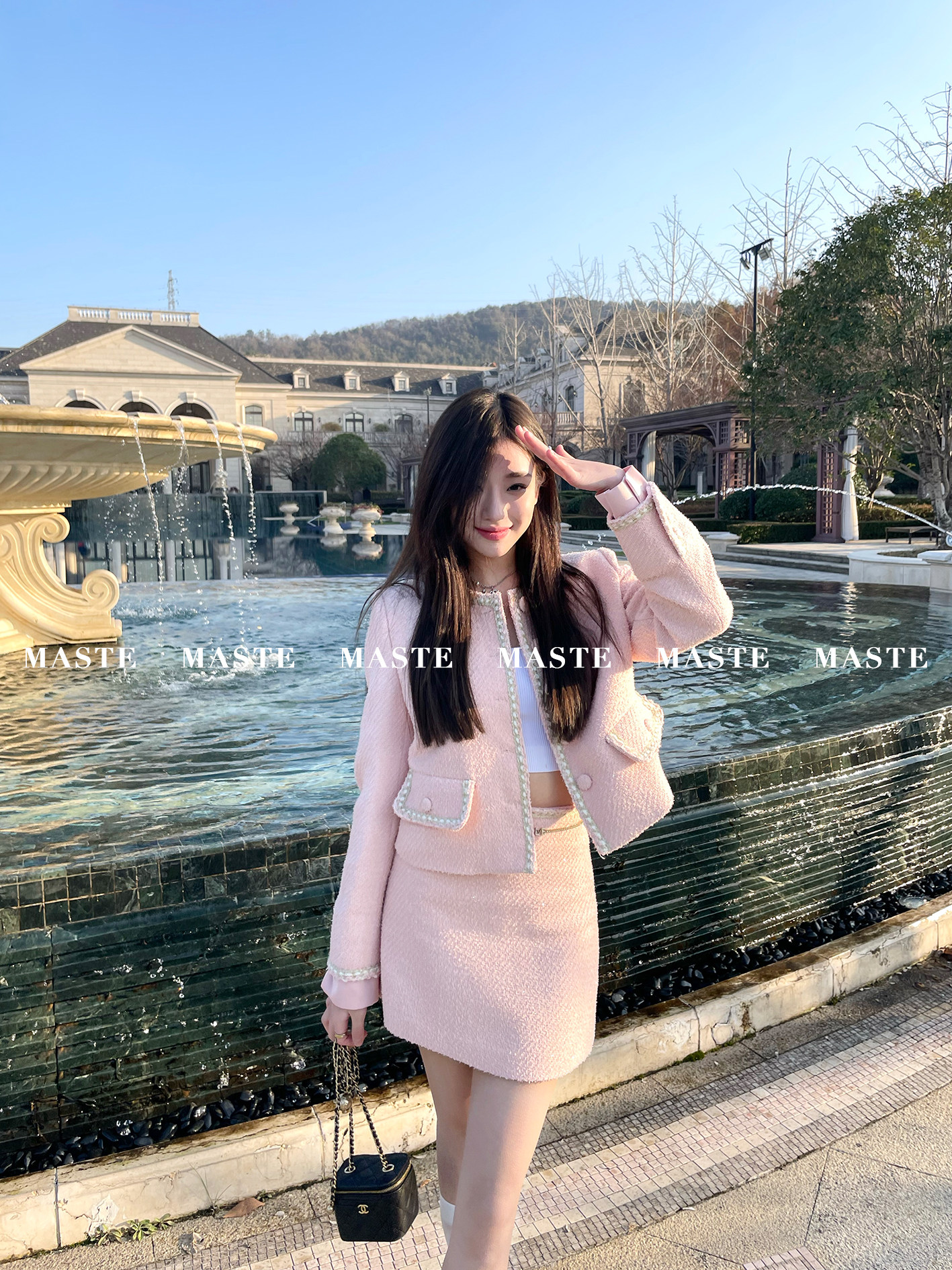 maste 春樱  粗花呢小众设计感早春女 小香中短款外套 半裙两件套