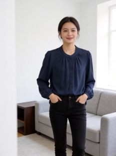 Sandwich复古立领藏蓝莫代尔宽松欧美风轻薄款春夏秋然长袖衬衫女