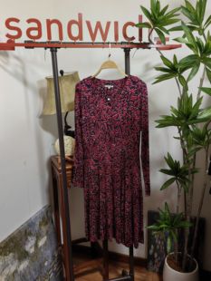 Sandwich三文治女装复古印花长袖连衣裙女新款收腰显瘦中长裙