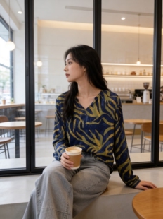 sandwich_复古V领印花宽松欧美风轻薄款春夏秋长袖休闲上衣女