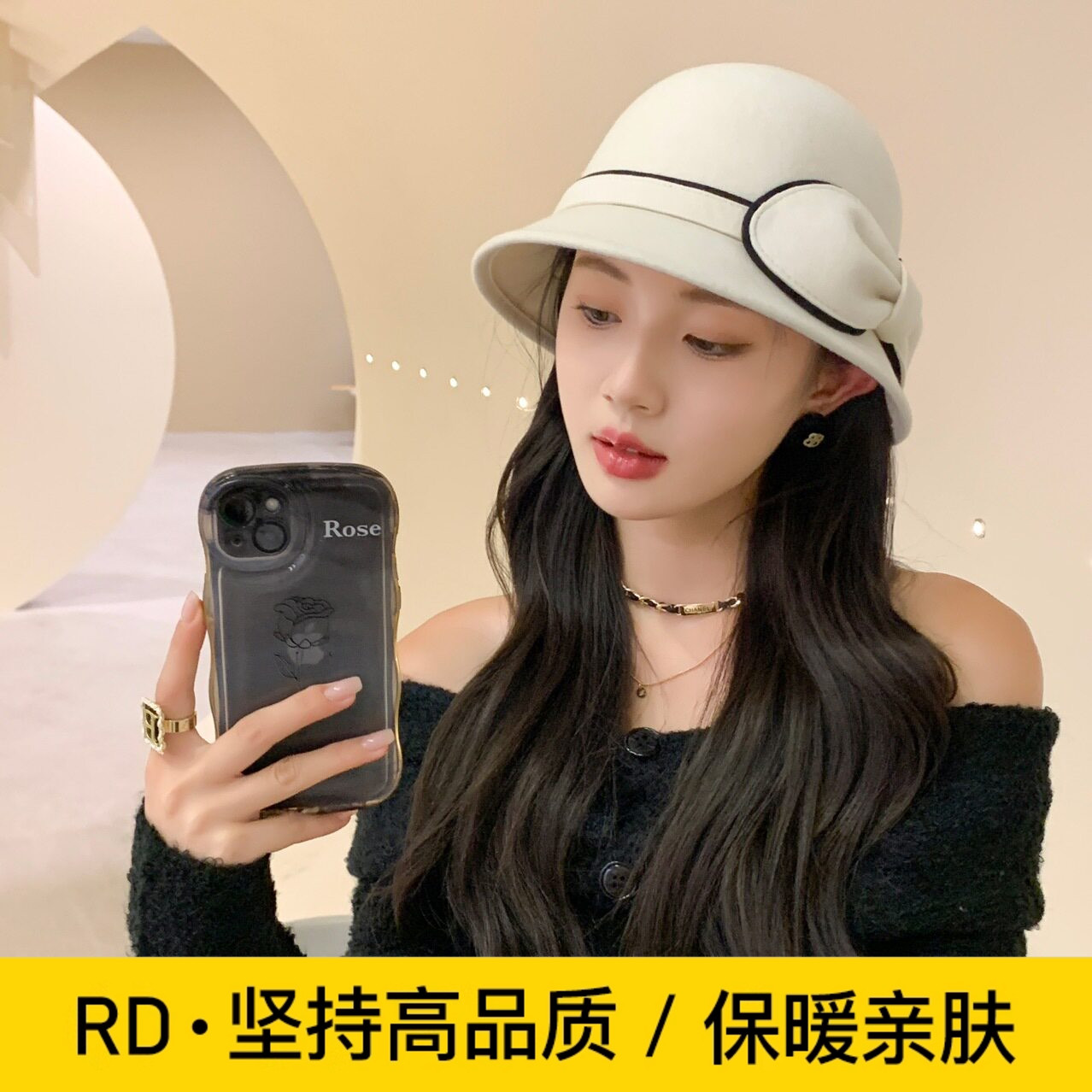 RD2025秋冬季新款羊毛渔夫帽女撞色蝴蝶结毛呢优雅礼帽时尚百搭