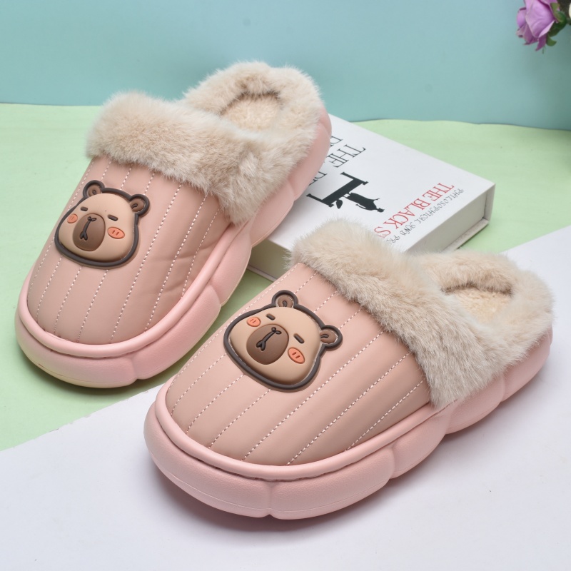 冬季儿童女童皮面防滑防水棉拖鞋