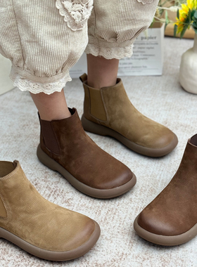 真皮复古短靴子女秋冬季2025新款平底春秋单靴休闲小踝靴切尔西靴