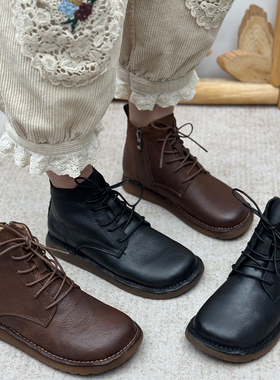 真皮复古马丁靴女冬季新款加绒加厚保暖短靴系带平底百搭头靴子