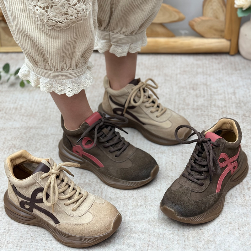 真皮复古拼色德训鞋女小个子厚底增高高帮休闲运动鞋百搭阿甘鞋子