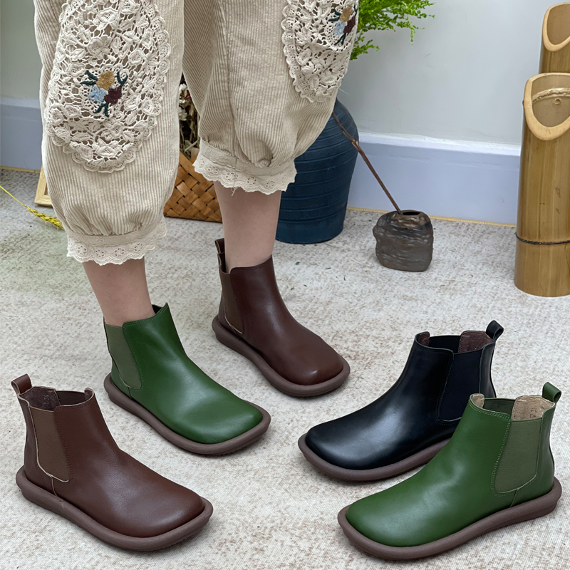 丑乐真皮复古风马丁靴平底软底