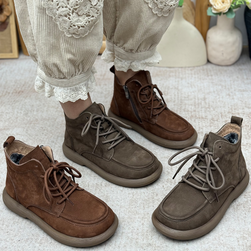 真皮加绒短靴女冬季复古系带马丁靴休闲厚底靴子加厚棉靴二棉靴
