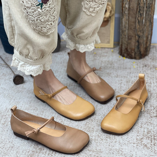 丑乐方头复古真皮单鞋女软皮软底