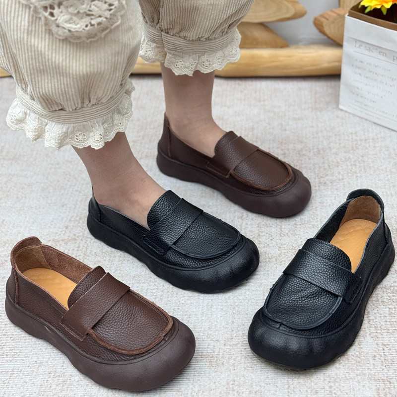 丑乐复古风真皮乐福鞋女厚底一脚蹬圆头中老年单鞋舒适黑色工作鞋,女鞋,浅口单鞋,淘宝优惠券,粉丝福利购,淘宝优惠卷