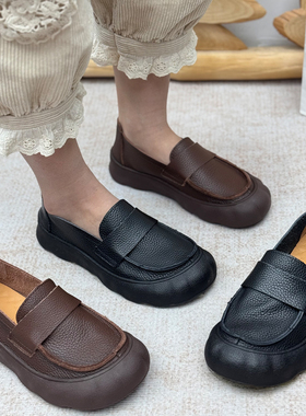 丑乐复古风真皮乐福鞋女厚底一脚蹬圆头中老年单鞋舒适黑色工作鞋