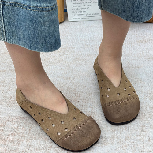 丑乐真皮镂空平底女洞洞鞋一脚蹬