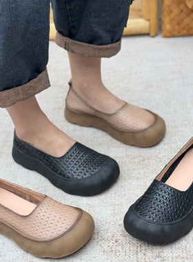 复古真皮女鞋一脚蹬平底妈妈鞋中老年厚底休闲鞋子软皮软底懒人鞋