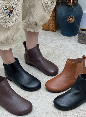 原创手工真皮复古短靴加绒文艺妈妈女鞋圆头烟筒靴平底休闲单靴女
