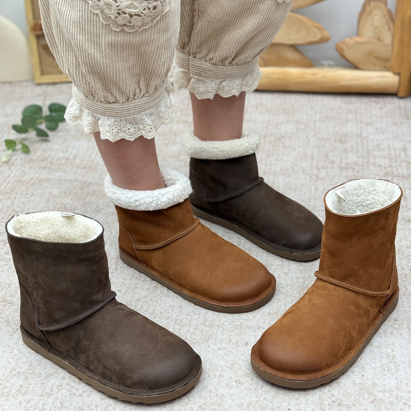 加绒雪地靴保暖棉靴美拉德风真皮