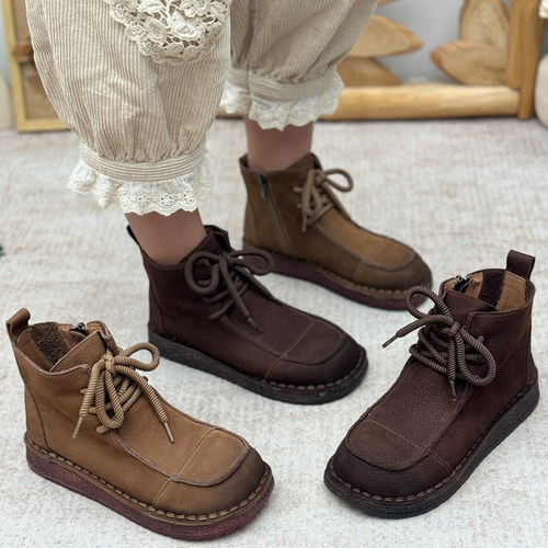 丑乐复古风真皮短靴女系带软底手工休闲马丁靴头层牛皮舒适单靴子