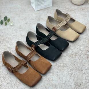 平底皮鞋 手工复古真皮鞋 浅口女鞋 头层牛皮妈妈鞋 文艺森女方头单鞋