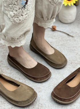 手工真皮女鞋复古牛皮中年妈妈鞋子圆头浅口平底休闲女士单鞋新款