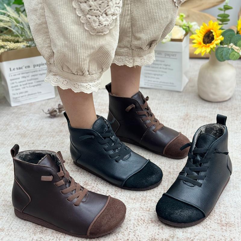 手工真皮加绒短靴女复古风