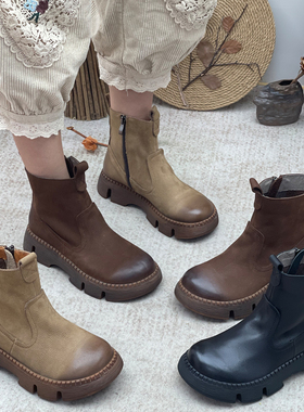 手工真皮马丁靴2025新款复古短靴子厚底增高小个子女鞋短筒靴加绒