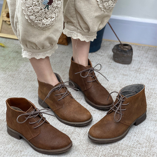 手工真皮单鞋 短靴 女粗跟英伦风做旧擦色复古风秋冬新款 高帮女鞋