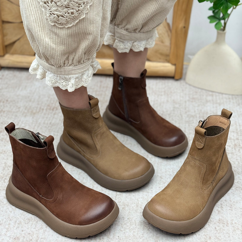 手工真皮厚底马丁靴女2025新款复古短靴增高百搭头层牛皮大头靴子,女鞋,马丁靴,淘宝优惠券,粉丝福利购,淘宝优惠卷