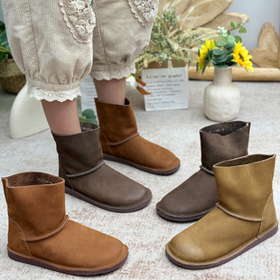 复古真皮休闲靴子女堆堆靴烟筒靴平底女鞋 森女马丁靴头层牛皮短靴