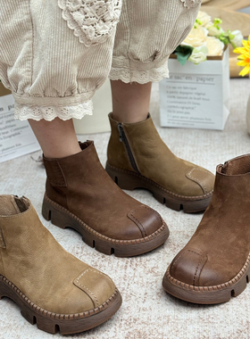 手工真皮马丁靴复古休闲2025新款短靴子松糕厚底增高女鞋短筒单靴