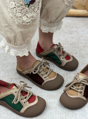 真皮复古拼色德训鞋女系带软底舒适百搭厚底休闲板鞋头层牛皮单鞋