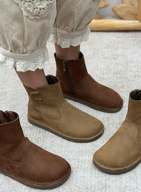 手工真皮短靴女复古休闲女鞋圆头小皮靴头层牛皮短筒靴平底时装靴
